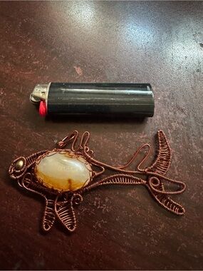 Handmade Copper Wire Fish Pendant with Amber Stone
